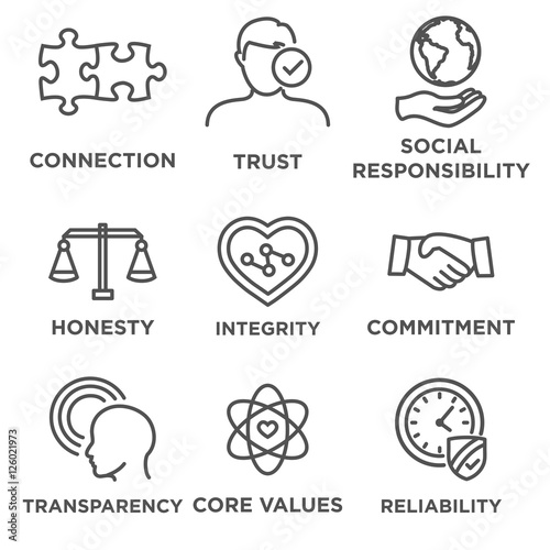 Business Ethics Icon Set with social responsibility, corporate core values, reliability, transparency, etc.