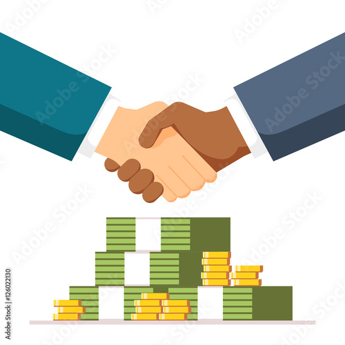 Bribe. Handshake on money background. The two men entered into a deal. Partners shake hands with each other. Vector, illustration EPS10.