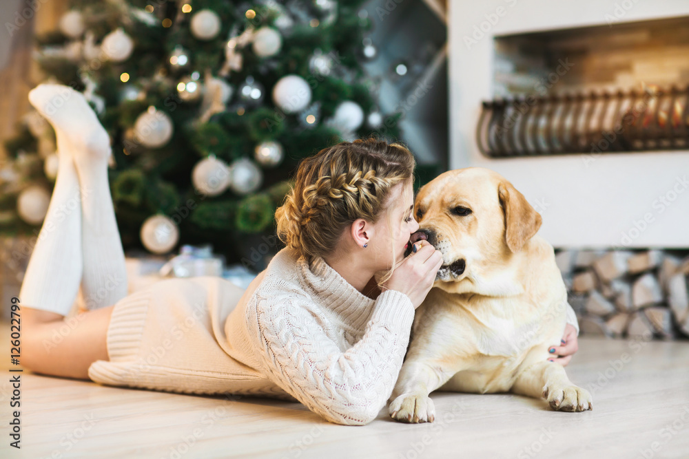Beautiful teen girl with a labrador dog Stock Photo | Adobe Stock