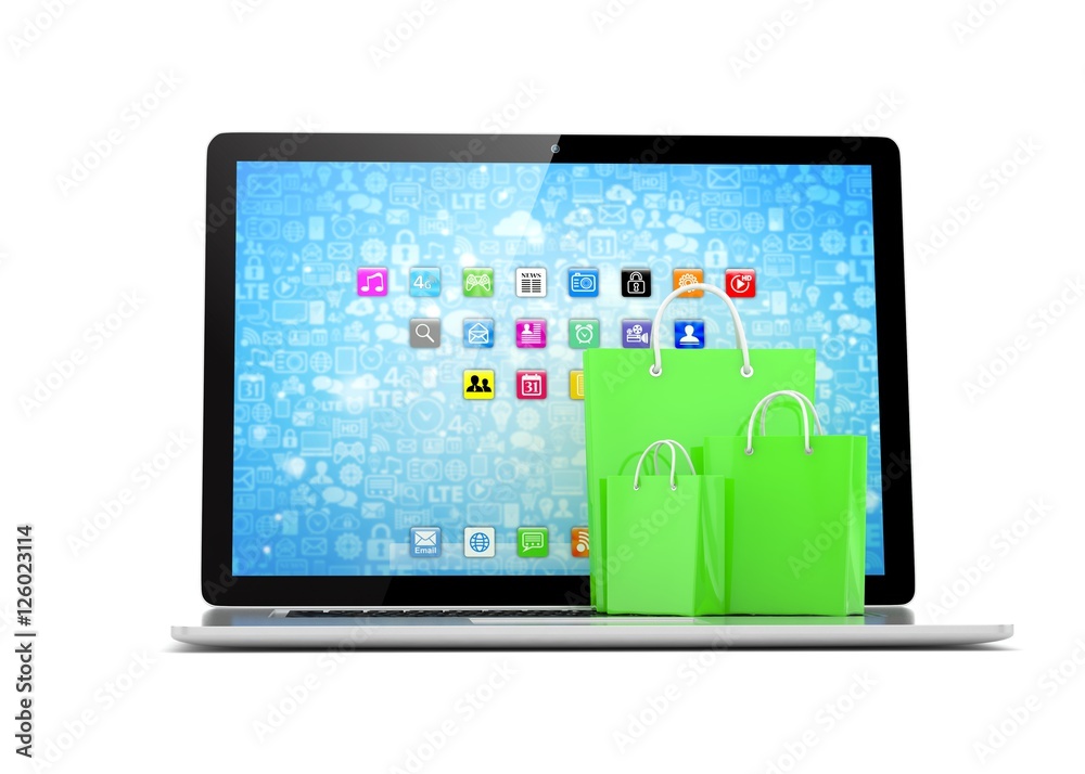 laptop and shopping pags on white background. 3d rendering. laptop and shopping pags on white background. 3d rendering.