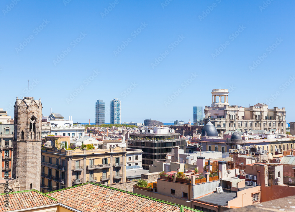 Panoramic Cityscape of Barcelona from the roof of Cathedral of the Holy Cross and Saint Eulalia . Aerial view. Spain.