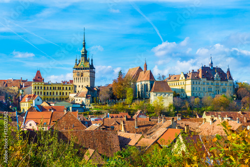 Panoramic view over the medieval fortress Sighisoara city, Transylvania, Romania photo