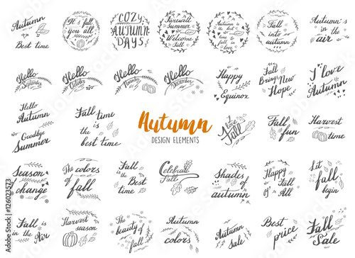 Big collection of autumn hand lettering and calligraphy design elements isolated on white background. Set of handwritten phrases on autumn theme in modern black brush pen style. Vector illustration.