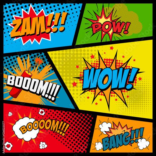 Comic style phrases in frames. Cartoon explosion. Zam. Pow. Bang. Boom. Wow. Vector illustration.