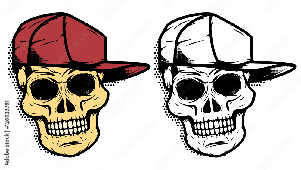 Skull in baseball hat with halftone effect. Design element for emblem, badge, sign, t-shirt print. Vector illustration.