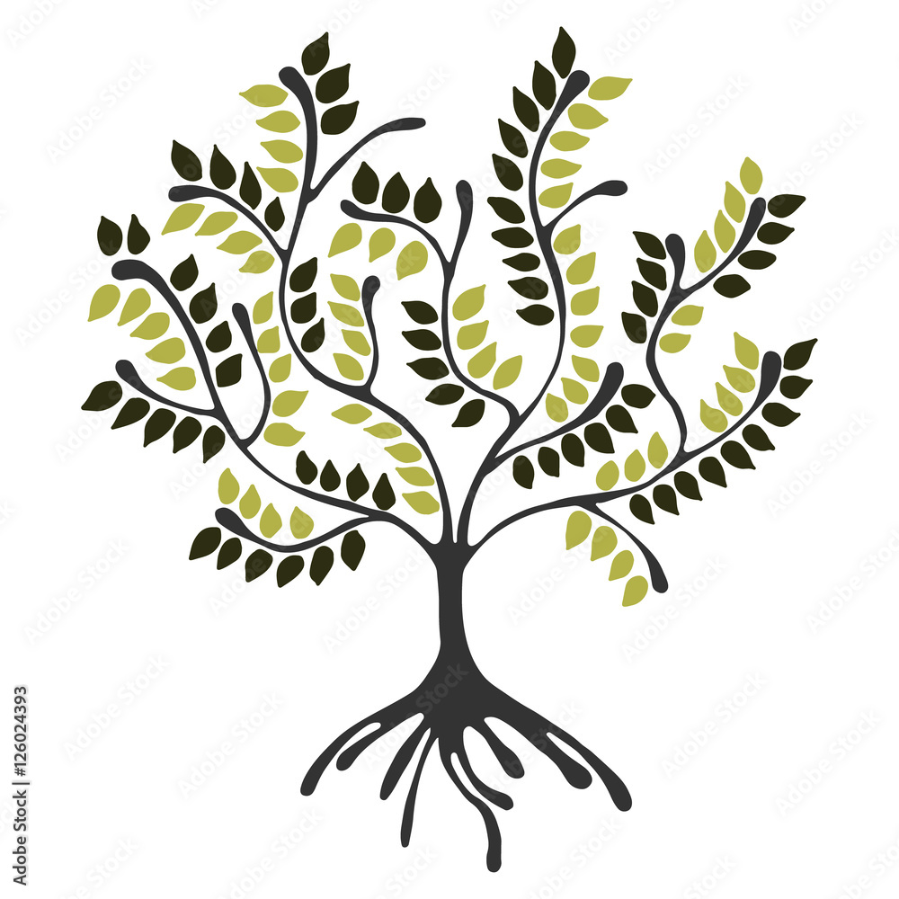 Vector hand drawn illustration, decorative ornamental stylized tree. Green graphic illustration isolated on the white background. Inc drawing silhouette. Decorative artistic ornamental wood