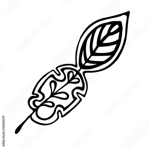 Vector hand drawn illustration, decorative ornamental stylized feather. Black and white graphic illustration isolated on the white background. Inc drawing silhouette.