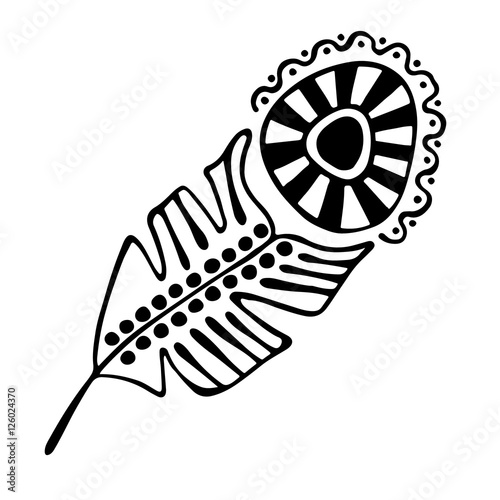Vector hand drawn illustration, decorative ornamental stylized feather. Black and white graphic illustration isolated on the white background. Inc drawing silhouette.