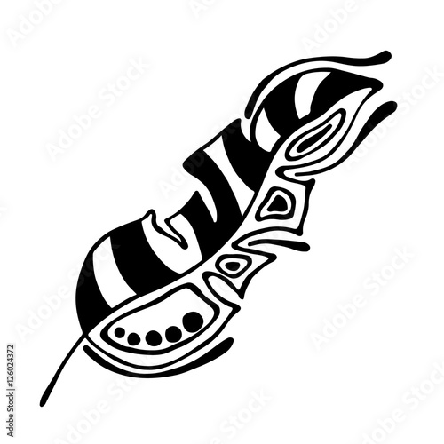 Vector hand drawn illustration, decorative ornamental stylized feather. Black and white graphic illustration isolated on the white background. Inc drawing silhouette.