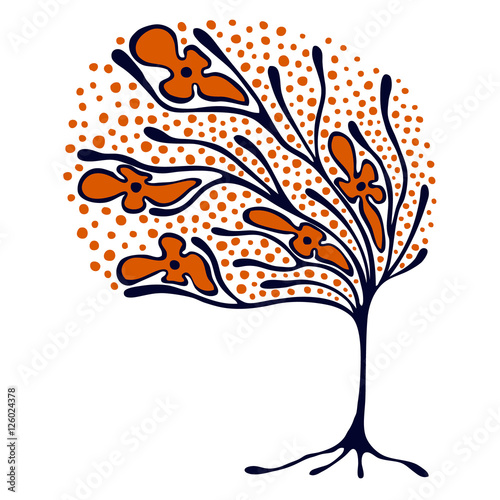 Vector hand drawn illustration, decorative ornamental stylized tree. Red and blue graphic illustration isolated on the white background. Inc drawing silhouette. Decorative artistic ornamental wood