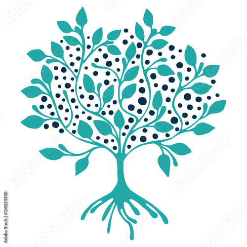 Vector hand drawn illustration, decorative ornamental stylized tree.  Blue graphic illustration isolated on the white background. Inc drawing silhouette. Decorative artistic ornamental wood