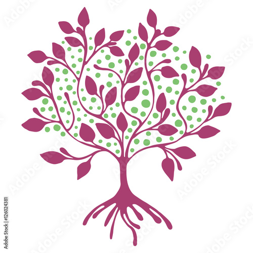 Vector hand drawn illustration, decorative ornamental stylized tree.  Pink graphic illustration isolated on the white background. Inc drawing silhouette. Decorative artistic ornamental wood