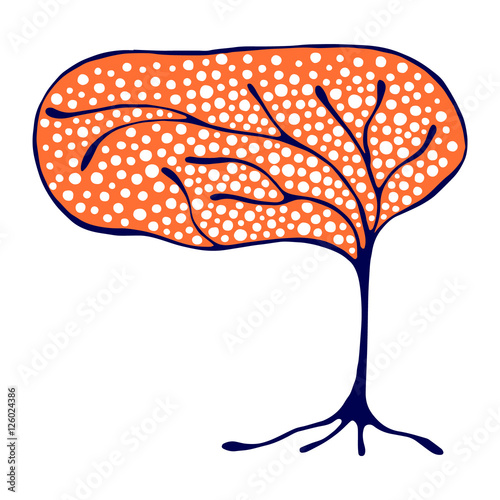 Vector hand drawn illustration, decorative ornamental stylized tree. Red  graphic illustration isolated on the white background. Inc drawing silhouette. Decorative artistic ornamental wood
