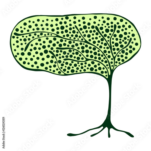 Vector hand drawn illustration, decorative ornamental stylized tree. Green graphic illustration isolated on the white background. Inc drawing silhouette. Decorative artistic ornamental wood