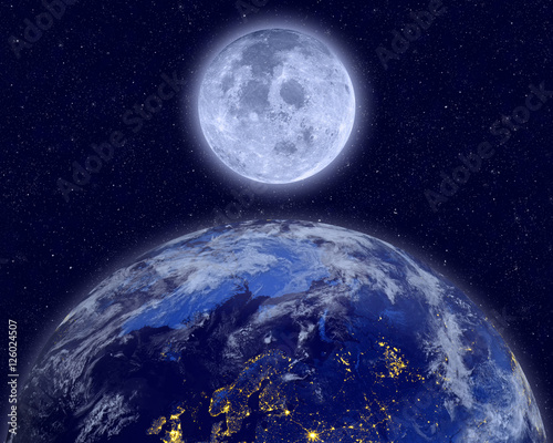 Planet earth and full moon on night sky. Elements of this image furnished by NASA. 3D rendering of planet Earth.