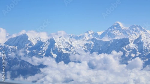 Mount Everst panorama aerial view from a plane with himalaya mountains