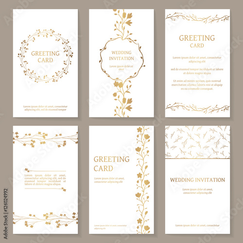 Vector set of six templates with gold ornament. Vintage wedding invitation and greeting cards with floral elements (wreath, border, pattern).
