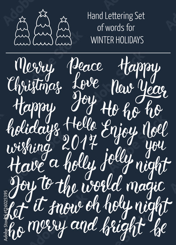 Hand lettering set of words for winter holidays. Brush calligraphy. Vector