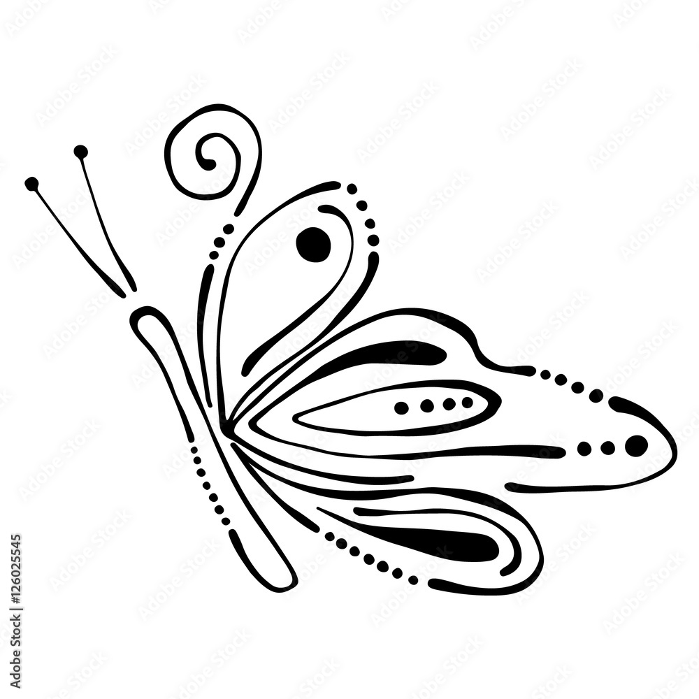 Fototapeta premium Vector black and white illustration of insect. Butterfly isolated on the white background. Hand drawn contour lines and strokes. Decorative logo, icon, sign, tattoo. Graphic vector illustration.
