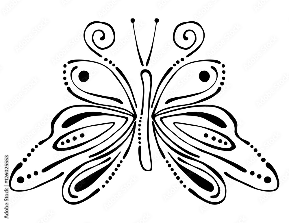 Vector black and white illustration of insect. Butterfly isolated on ...