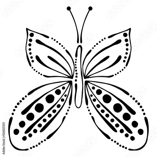 Vector black and white  illustration of insect. Butterfly isolated on the white background. Hand drawn contour lines and strokes. Decorative logo, icon, sign, tattoo. Graphic vector illustration. © Valentain Jevee