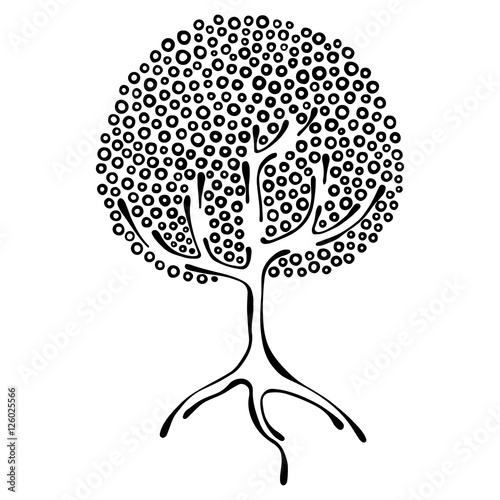 Vector hand drawn illustration, decorative ornamental stylized tree. Black and white graphic illustration isolated on the white background. Inc drawing silhouette. Decorative artistic ornamental wood