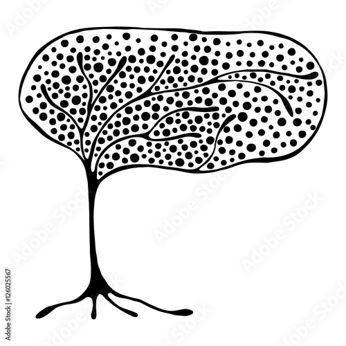 Vector hand drawn illustration, decorative ornamental stylized tree. Black and white graphic illustration isolated on the white background. Inc drawing silhouette. Decorative artistic ornamental wood