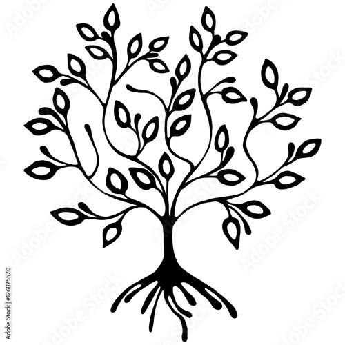 Vector hand drawn illustration, decorative ornamental stylized tree. Black and white graphic illustration isolated on the white background. Inc drawing silhouette. Decorative artistic ornamental wood
