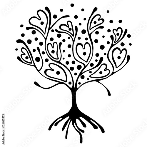 Vector hand drawn illustration, decorative ornamental stylized tree. Black and white graphic illustration isolated on the white background. Inc drawing silhouette. Decorative artistic ornamental wood