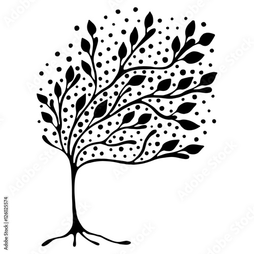 Vector hand drawn illustration, decorative ornamental stylized tree. Black and white graphic illustration isolated on the white background. Inc drawing silhouette. Decorative artistic ornamental wood