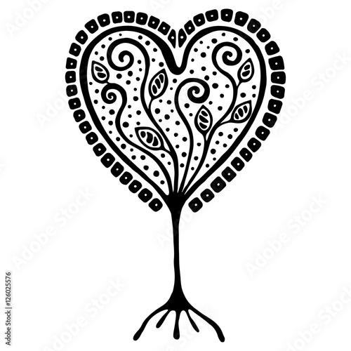 Vector hand drawn illustration, decorative ornamental stylized tree. Black and white graphic illustration isolated on the white background. Inc drawing silhouette. Decorative artistic ornamental wood