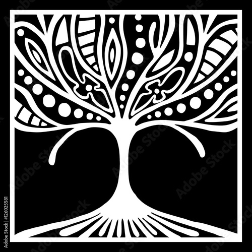 Vector hand drawn illustration, decorative ornamental stylized tree. Black and white graphic illustration isolated on the white background. Inc drawing silhouette. Decorative artistic ornamental wood