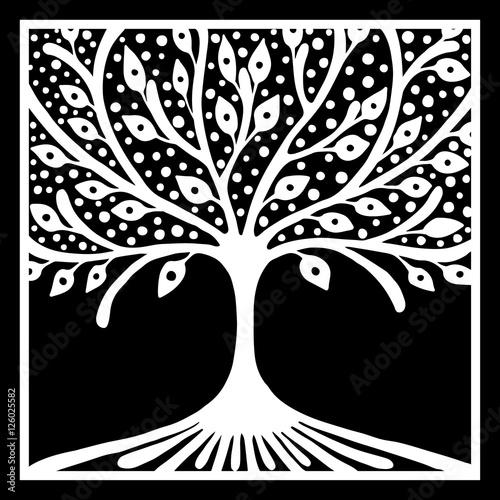 Vector hand drawn illustration, decorative ornamental stylized tree. Black and white graphic illustration isolated on the white background. Inc drawing silhouette. Decorative artistic ornamental wood