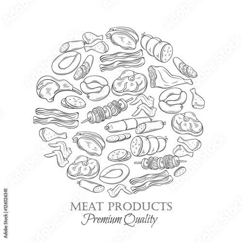 Set hand drawn monochrome icon meat