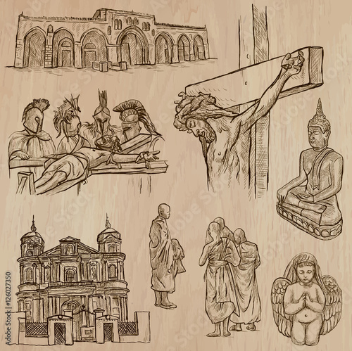 Religion around the World - Vector set. Hand drawn collection.