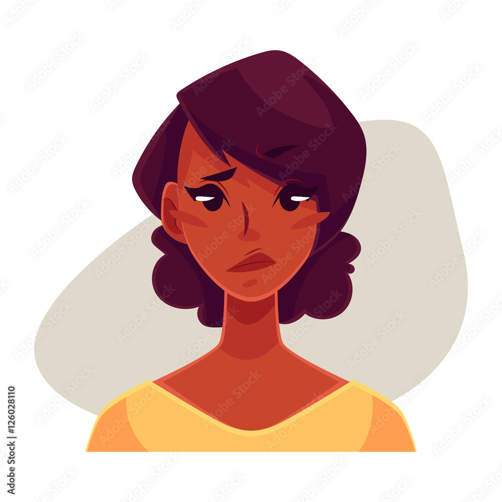 Pretty African girl, upset, confused facial expression, cartoon vector