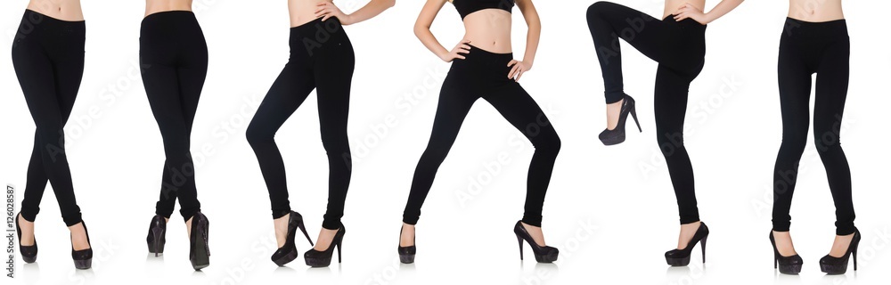 Black leggings in beauty fashion concept isolated on white Black leggings in beauty fashion concept isolated on white