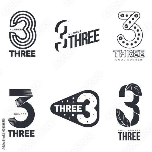 Set of black and white number three logo templates, vector illustrations isolated on white background. Black and white graphic number three logo templates - technical, organic, abstract