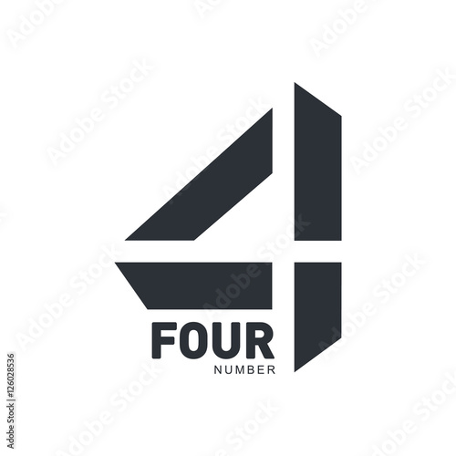 Black and white abstract three dimensional number four logo template, vector illustration isolated on white background. Black and white number four graphic logotype, 3d imitation