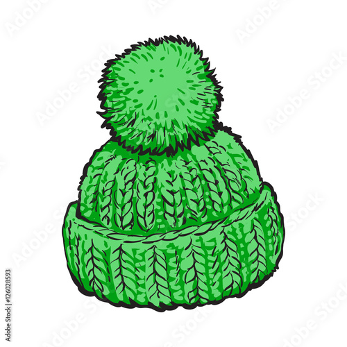 Bright green winter knitted hat with pompon, sketch style vector illustrations isolated on white background. Hand drawn woolen hat with a big fluffy pompom, winter accessory