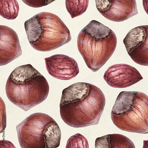 Seamless pattern with watercolor illustrations of hazelnut © Aleksandra Smirnova