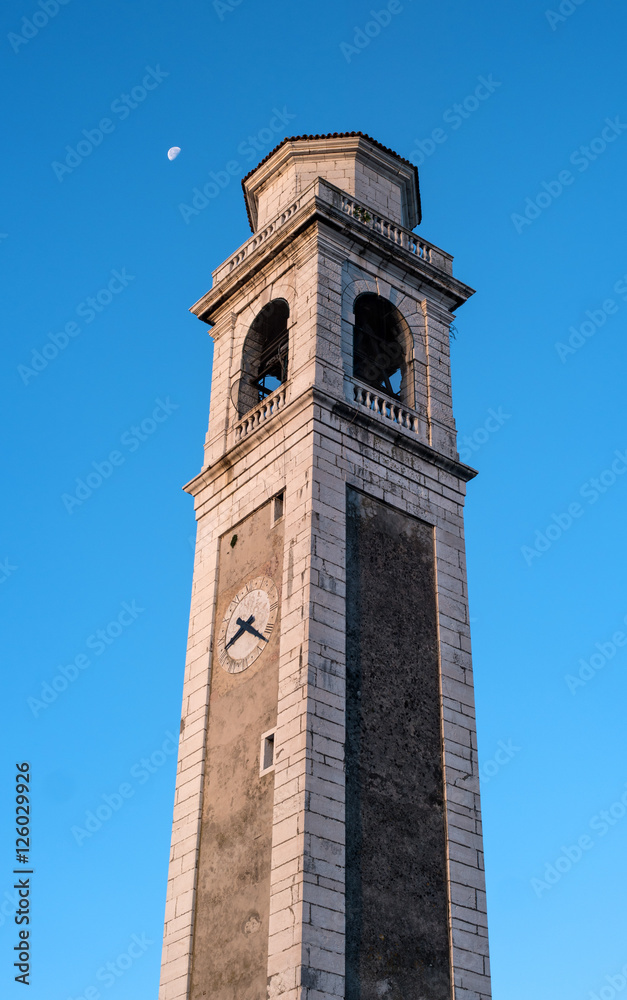 Bell tower of the church. Orsago, Italy.
