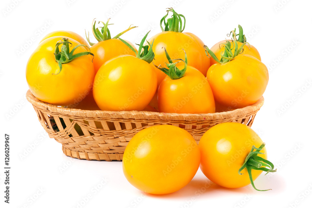 yellow tomatoes in a wicker basket isolated on white background