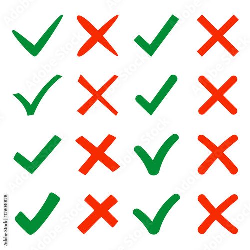 Mark X and V in flat style. Set of green hooks and red crosses. Yes and No icons for websites or applications. Right and Wrong signs isolated on white background. Red cross and green tick vector set