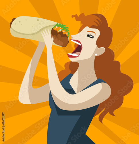 hungry woman eating a burrito