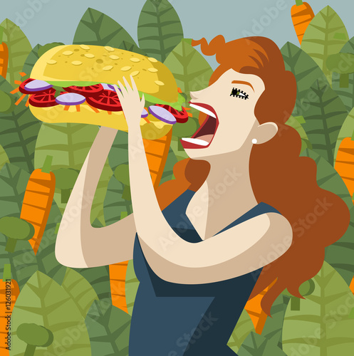 hungry vegan woman eating vegetarian sandwich