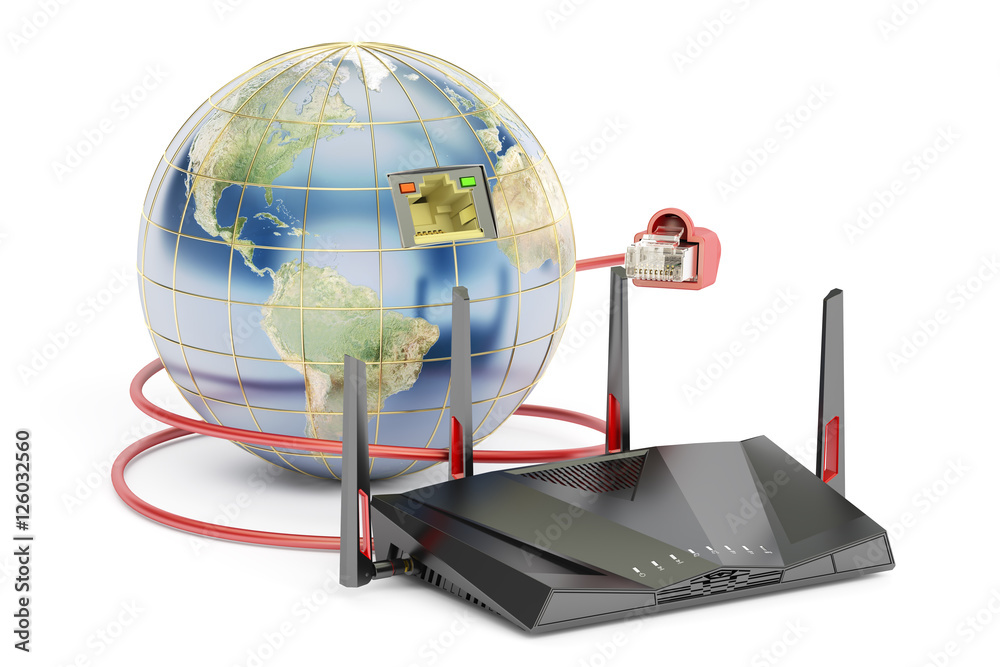 Fototapeta premium global networking connection concept, earth with router. 3D rend
