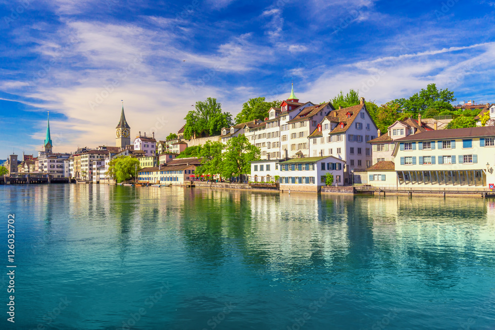 Historic Zürich city center with famous Fraumünster Church and Limat river, Switzerland