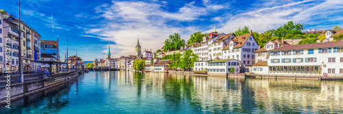 Historic Zürich city center with famous Fraumünster Church, Limmat river and Zürich lake, Zürich, Switzerland