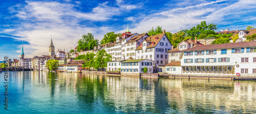 Historic Zürich city center with famous Fraumünster Church, Limmat river and Zürich lake, Zürich, Switzerland